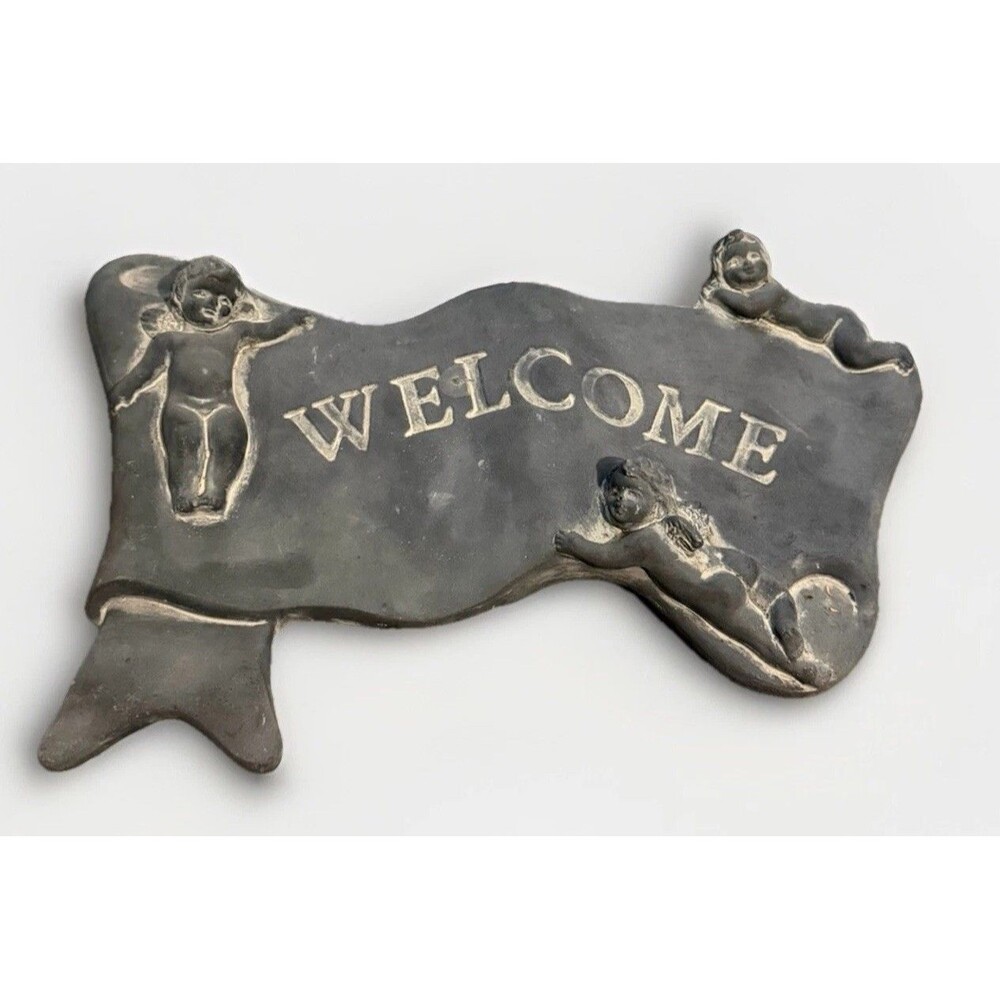 Vintage Cherub Angel Welcome Sign Wall Plaque Resin Cottage Decor